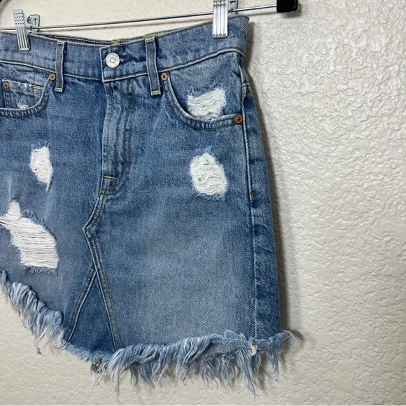 7 For All Mankind Distressed Raw Hem Frayed Denim Jean Mini Skirt Size 24 - Picture 5 of 14